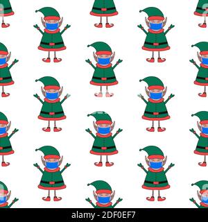 Christmas seamless pattern made from Elf character in face mask. Stock Vector
