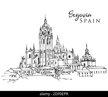 Vector hand drawn sketch illustration of Cathedral of Segovia, Spain Stock Vector