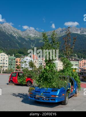 Innsbruck austria 27 July 2020: End of life car with tree sticking out of the roof Stock Photo
