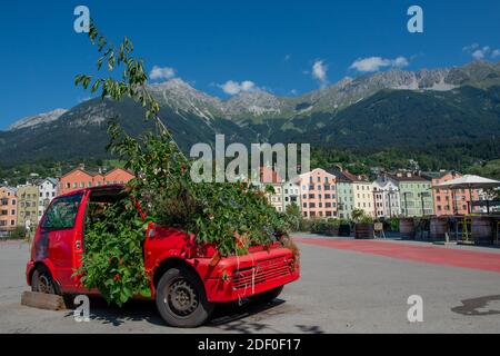 Innsbruck austria 27 July 2020: End of life car with tree sticking out of the roof Stock Photo