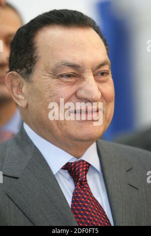 FILE PHOTO - File photo - Egyptian President Hosni Mubarak attends the inauguration of the Franco-Egyptian University in Shoruk, east of Cairo, Egypt, on April 20, 2006. Jacques Chirac and Mubarak inaugurate a new Franco-Egyptian University that will award diplomas valid in both countries to some 350 students each year. Mubarak was released from the Maadi Military Hospital, in Cairo, March 24, 2017, where he has been detained for the past six years, his lawyer said. The former Egyptian leader was overthrown in 2011 and was the first leader to face trial following the Arab Spring uprisings whic Stock Photo