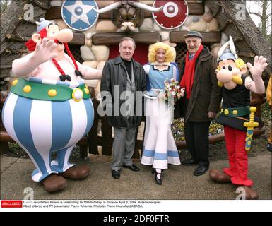 File - Albert Uderzo Dies At 92 - French resort Parc Asterix is celebrating its 15th birthday, in Paris on April 3, 2004. Asterix designer Albert Uderzo and TV presentator Pierre Tchernia. Photo by Pierre Hounsfield/ABACA. Stock Photo