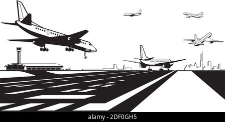 Aircrafts landing and taking off at airport by night - vector ...