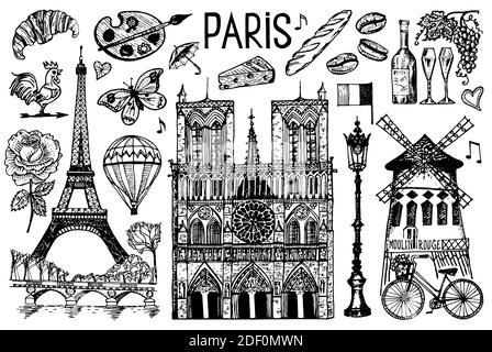 Paris set in vintage retro style. France, eiffel tower and buildings. Retro doodle elements. Vector illustration. Hand drawn engraved retro sketch Stock Vector