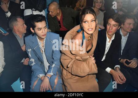 Model Bella Hadid, CEO of Rimowa, Alexandre Arnault, Frederic Arnault and  Owner of LVMH Luxury Group Bernard Arnault attend the Louis Vuitton  Menswear Fall/Winter 2020-2021 show as part of Paris Fashion Week