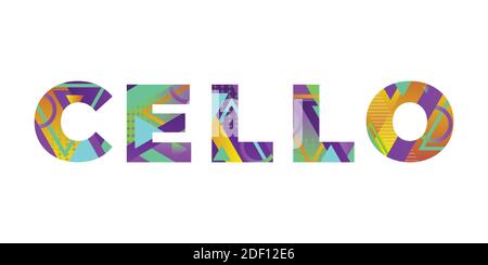 The word CELLO concept written in colorful retro shapes and colors illustration. Stock Vector
