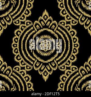 Seamless gold glitter ethnic rug motif pattern. Stock Photo