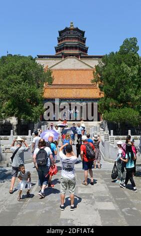 View of Paiyundian and the Tower of Buddhist Incense, Foxiangge, behind, at the Summer Palace in Beijing, China. Stock Photo