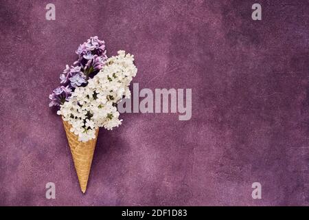 Lilac flowers in a waffle ice cream cone on violet background. Summer concept. Copy space, top view. Minimal summer flat lay composition. Stock Photo