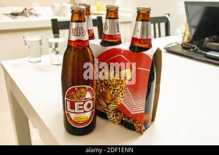 Leo beer from Thai supermarket, in Huai Khwang, Bangkok, Thailand. Stock Photo