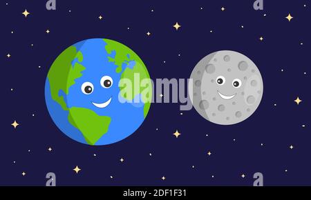 Cute Earth and Moon characters on dark sace starry background. Astronomy for kids. Vector cartoon illustration. Stock Vector