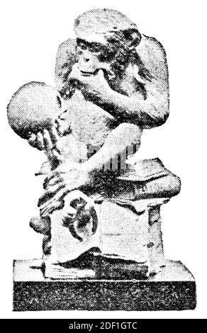 Bronze statuette of a monkey looking at a human skull. Illustration of the 19th century. Germany. White background. Stock Photo