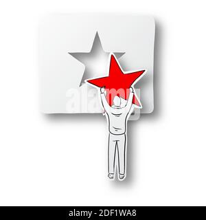 Vector illustration black line hand drawn of businessman holding red star on blank cut paper with shadow isolated on white background. Paper art. Stock Vector