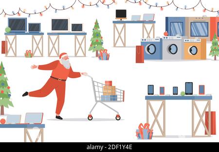 Santa Claus making shopping in electronics store vector flat illustration. Santa Claus preparing for Christmas and New Year holidays, buying gifts. Happy New Year and Merry Christmas poster template. Stock Vector