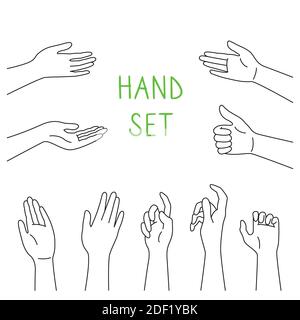 Hand line cartoon style set. Various gestures of human hands, different situations. Signs and emotions, representing, interactive communication. For infographic, web, internet, presentation. Vector Stock Vector