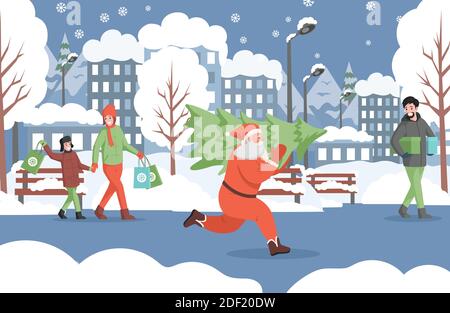 Santa Claus running with Christmas tree, people in warm clothes walking in winter city park, carrying boxes and shopping bags vector flat illustration. Preparing for Christmas and New year concept. Stock Vector