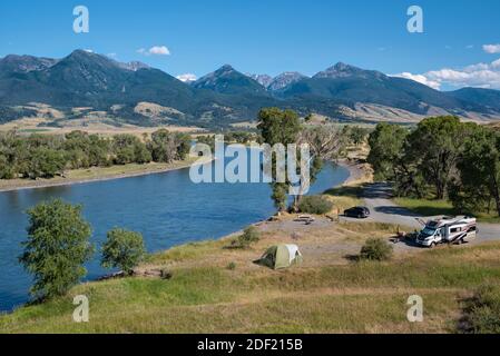 Camping on the Yellowstone River at Mallards Rest Fishing Access in Paradise Valley, Montana. Stock Photo