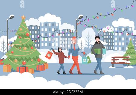 Preparing for Christmas and New Year vector flat concept. Happy smiling family with shopping bags walking in decorated city park. Man, woman and boy in warm clothes spending time in winter city. Stock Vector