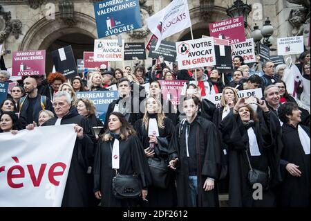 Protesters hold banners and chant slogans during a demonstration called by the 'SOS Retraites' collective, gathering lawyers, doctors, nurses, pilots and other independent workers, to protest the French government's reform of the pension system, on February 3, 2020, in Paris, France. Photo by Magali Cohen/ABACAPRESS.COM Stock Photo