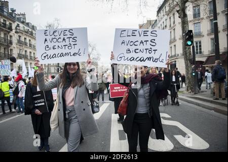 Protesters hold banners and chant slogans during a demonstration called by the 'SOS Retraites' collective, gathering lawyers, doctors, nurses, pilots and other independent workers, to protest the French government's reform of the pension system, on February 3, 2020, in Paris, France. Photo by Magali Cohen/ABACAPRESS.COM Stock Photo