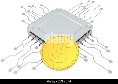Computer chip and golden coin isolated, 3d rendering Stock Photo