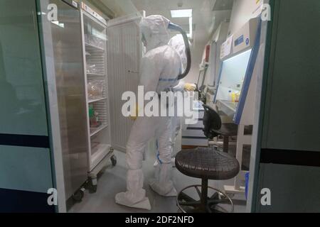 Scientists at work in high-level P3 biosafety security laboratory at the Pasteur Institute of Lille, on February 20, 2020 in Lille, France. The research institute has sequenced the genome of Coronavirus 2019-nCoV using blood samples taken from the first confirmed French cases of the virus. The institute's scientists will now focus on developing how the virus works, treatments and a possible vaccine. Photo by ABACAPRESS.COM Stock Photo