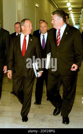 Washington, D.C. - June 21, 2006 -- Mayor Michael Bloomberg (Republican of New York City), left, New York City Police Commissioner Raymond Kelly, center, and United States Representative Peter King (Republican of New York) walk through the halls of the Cannon House Office Building en route to the hearing of the United States House of Representatives Committee on Homeland Security on the United States Department of Homeland Security's recent ruling cutting 40% of the anti-terrorism funding grants to New York and Washington, D.C. - two of the highest risk cities in the United States in Washingto Stock Photo