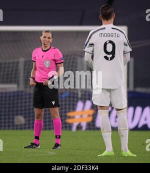 Turin, Italy. 2nd Dec, 2020. Referee Stephanie Frappart (L) works during the UEFA Champions League Group G match between FC Juventus and Dynamo Kyiv in Turin, Italy, Dec. 2, 2020. Credit: Federico Tardito/Xinhua/Alamy Live News Stock Photo