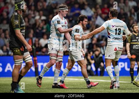 Maxime Machenaud (R92) celebrates his try with Donnacha Ryan (R92) during the rugby TOP 14 match between Racing 92 and Stade Rochelais at the Paris La Defense Arena, in Nanterre, France on February 29, 2020. Photo by Julien Poupart/ABACAPRESS.COM Stock Photo