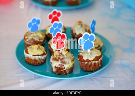 A lot of homemade chocolate muffins decorated with palm candies in blue plates Stock Photo