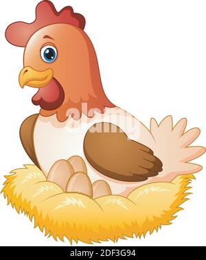 Vector illustration of Cute hen brooding her egg in the nest Stock Vector