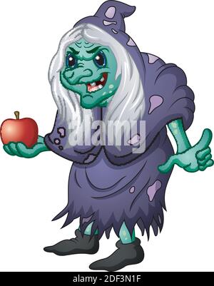 Vector illustration of Old evil witch holding an apple Stock Vector