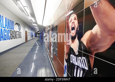 The hallway outside the Orlando Magic locker room at Amway Center as the  NBA season remains on hold amid the coronavirus pandemic. The team has  reopened its practice facility for voluntary individual