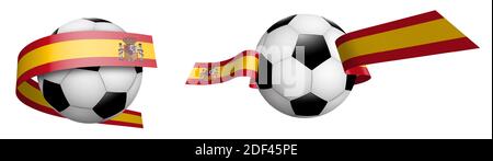 balls for soccer, classic football in ribbons with colors Spain flag. Design element for football competitions. Spain national team. Isolated vector o Stock Vector