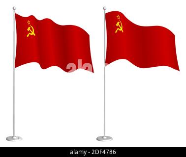 Soviet Union flag, USSR on flagpole waving in wind. Holiday design element. Checkpoint for map symbols. Isolated vector on white background Stock Vector