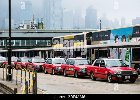 Taxis are seen queued up in front of star ferry pier in Hong Kong on March 29, 2020. In the past two weeks, the number of Covid-19 infections in Hong Kong tripled to more than 580, Hong Kong has imposed a new ban on groups of more than four people in public, halving the capacity of restaurants and closing six types of leisure premises for 14 days. Photo by Keith Tsuji/ABACAPRESS.COM Stock Photo