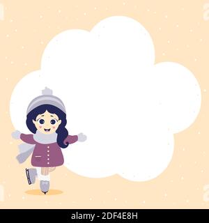 Winter sport postcard. A cute girl in winter clothes is skating. Pink background with snow and Place a cloud for writing text.Vector illustration. Kid Stock Vector