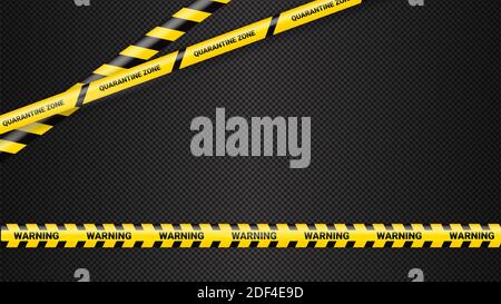 Quarantine danger tape. Covid 19 and quarantine zone yellow warning tape. Coronavirus covid danger stripe on dark transparent background. Safety warning yellow black stripes Stock Vector