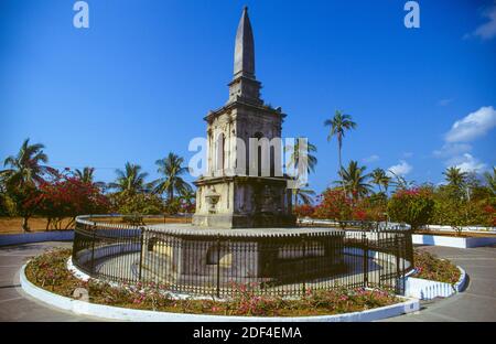 The Magellan Shrine, also known as the Magellan Monument, is situated on Mactan Island in Cebu, the Philippines. The monument is part of the 'Mactan Shrine' park, which also contains the Lapu Lapu Monument. Ferdinand Magellan, a famed Spanish sailor, encountered fierce anti-colonial resistance by Lapu Lapu and his band of local Central Philippines warriors at the site in 1521. Magellan was killed in the battle and Lapu Lapu is considered the first national hero of the Philippines. A statue of Lapu Lapu is also situated in the Mactan Shrine park, adjacent to the Magellan Shrine. Stock Photo