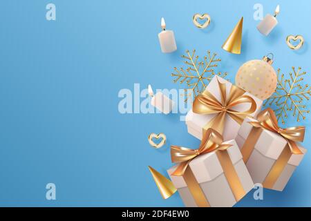 Merry Christmas and Happy New Year banner with falling gift boxes. 3D illustration Stock Photo