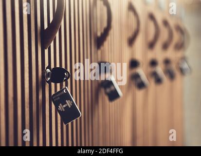 Modern Wood Lockers cabinets in a locker room at fitness. Stock Photo