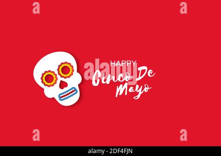 Cinco De Mayo Banner with mexican colorfull skull in paper cut style. Red background. Space for text. Vector. Stock Vector