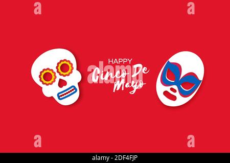 Cinco De Mayo Banner with skull and luchador mask in paper cut style. Red background. Space for text. Vector. Stock Vector