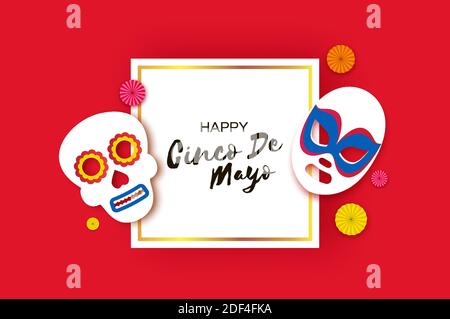 Cinco De Mayo Banner with skull and luchador mask in paper cut style. Fan. Red background. Square frame. Space for text. Vector. Stock Vector