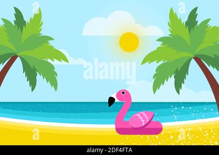 Giant inflatable Pink Flamingo on Seashore.. Float toy on the sunny beach with sand and crystal clear blue sea water. Summer holidays. Sunny days. Vec Stock Vector