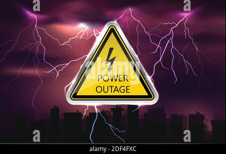 power outage background with warning sign and dars city siluettes. Stock Vector
