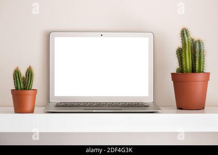 Front view of compact silver laptop with blank white screen for copy space concept, sitting on the shelf between two potted cactuses Stock Photo