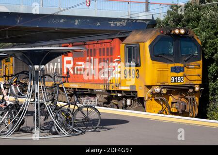 Diesel locomotive passing through Porirua station, Wellington, North Island, New Zealand Stock Photo