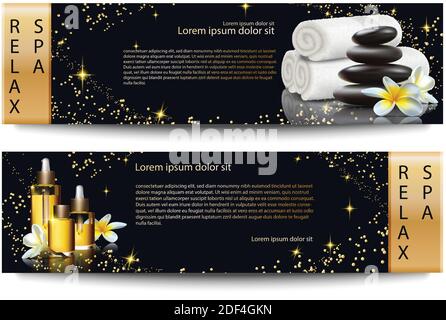 Horizontal spa composition, realistic elements spa treatments with white towel, massage and essential oils and exotic flowers on black background with Stock Vector