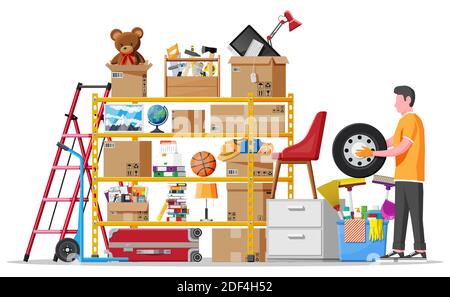 Storeroom or house cellar interior. Modern storage room. Metal shelves with household items. Rack full of cardboard boxes, stair, cleaning accessories and furniture. Flat vector illustration Stock Vector